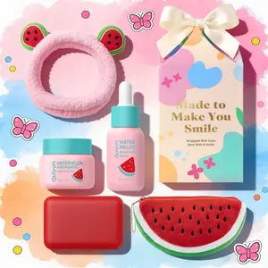QUIYUM Watermelon Niacinamide Skin Care Set, Moisturizer, Serum & Shea Butter Handmade Soap, Hydrating Brightening Gentle Skin Care Kit with Cute Gift Box, Holiday & Birthday Gifts for Women Teens