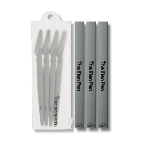 Men's Beard Filler & Eyebrow Pencil Grooming Kit - 3-Pack Fade-Resistant, Water-Proof Pens with Castor Oil, Stearic Acid, Microcrystalline Wax/Crayon, Powder, Comb, Gentle Soap, Hairline Gap Coverage, Brush, Natural Blend Restore, Long-Wearing Mens Gifts