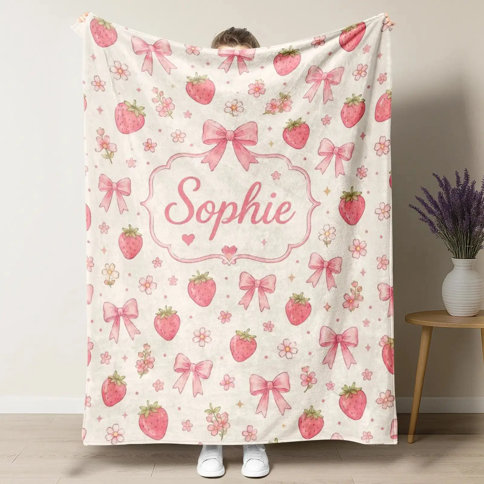Personalized Name Strawberry Bow Fleece Throw Blanket, Custom Coquette Pink Floral Soft Flannel Blanket for Girls' Nursery & Bedroom, Baby Shower & Birthday Gift