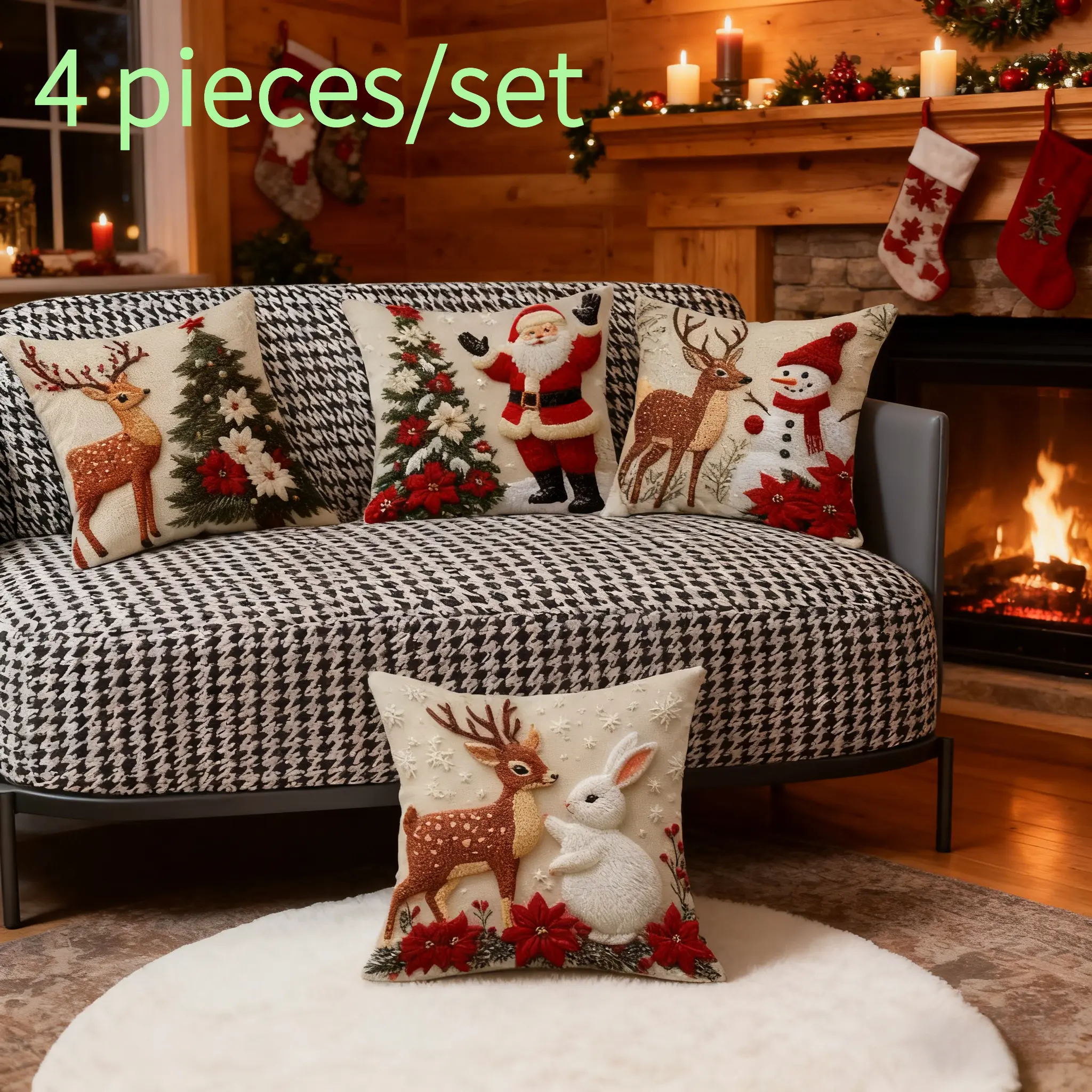 4-Piece Short Plush Home Decorative Cushion Set - Festive Look, Holiday Decor Accents with Santa, Reindeer Motif, Bunny for Festive Parties, Daily Use (Plush Texture)