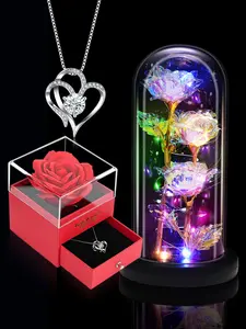 2 Piece Gifts Set For Women Wife ,  Light Up Rose In Glass With Heart Necklace Rose Box,Gifts For Mom Dad Wife Women , Funny Unique Ideal Gifts for Mother's Day Father's Day Valentine's Day Anniversary Birthday Christmas Stocking Stuffers