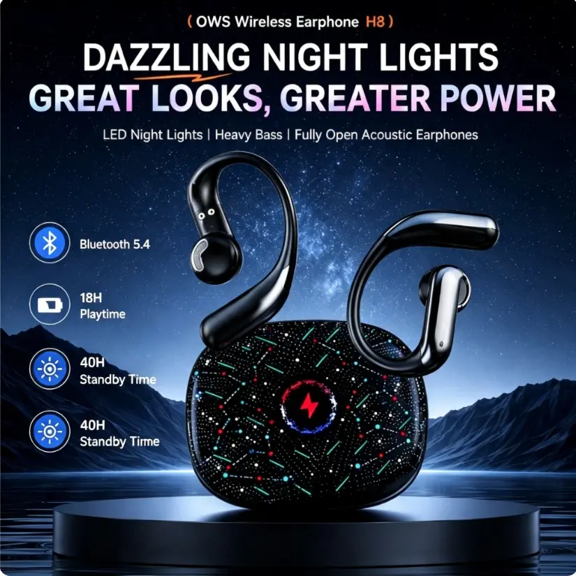Starry Night OWS Earbuds  LED Lights + Heavy Bass | Open Ear Comfort | 40H Battery