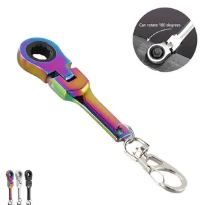10mm Ratchet Wrench Keychain Key Ring, Portable Ratchet Heavy Duty Wrench Key Ring, 180 Degree Telescoping Head Mini Hardware Tool