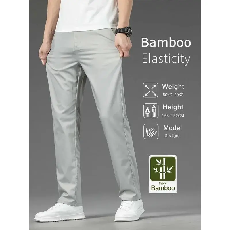 Thin Men Bamboo Summer Pants Casual High Quality Business Classic Fashion Stretch Slim FIT Formal Straight Trousers Black Gray Khaki Chinos