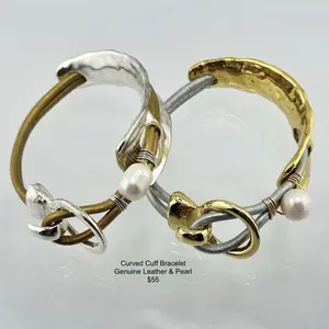 Curved Cuff Bracelet with Pearl - Elegant Design for Casual Wear