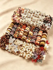 512 pieces/sets-Autumn Style Girls Hair Accessories Set，Elegant Butterfly & Flower Hair Clips, Coffee Tone Hair Ties & Barrettes, Soft & Stylish, Perfect for Daily Wear, School, Parties & Gift Giving for Girls.