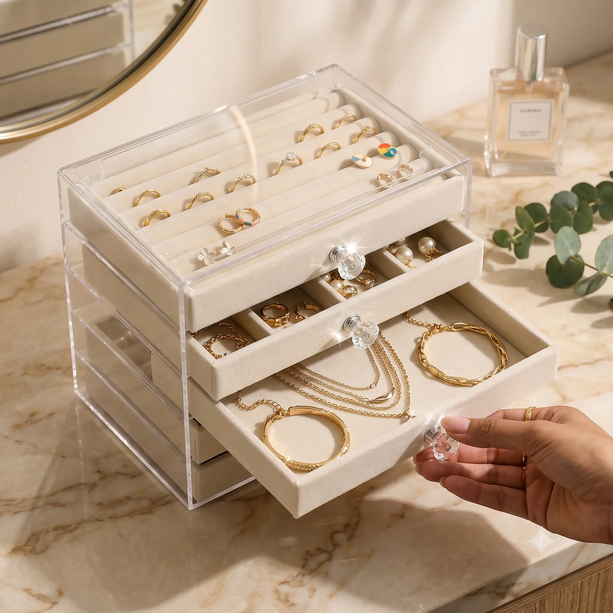Aesthetic Clear Acrylic Jewelry Organizer Box with 5 Velvet Drawers, Dustproof Earring Ring Display Case & Large Capacity Vanity Storage Sta