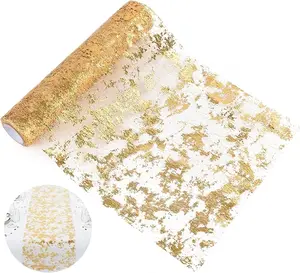 Gold Table Runner 11" x 360", Plentiful Sequin Glitter Foil Metallic Thin Mesh Table Runner Roll Can Meet Your Different Needs, Gold Table Runner for Birthday Party Wedding Christmas Table Decor