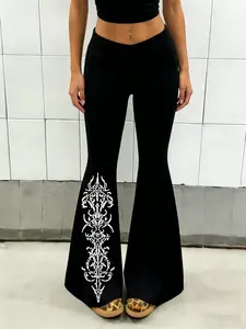 Women's Gothic Flare Pants, Y2K Retro Style, Streetwear Cross Print Stretch Flare Pants, Casual & Comfy Elastic Waist Design, Year-round Wear for Fashionable Daily Outfits Bottoms