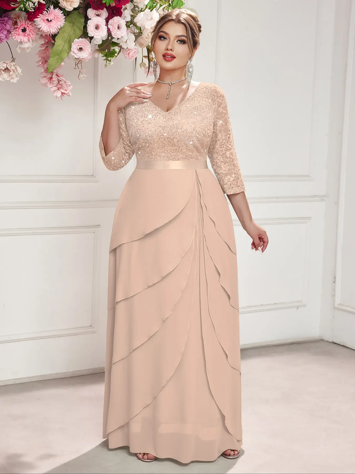 MISSMAY P54404A Plus V Neck Sequin Floral Lace Ruffle Trim Chiffon Hem Evening Party Maxi Dress, Wedding Guest Dress, For Graduation, Birthday, Homecoming