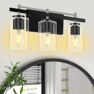 Bathroom Light Fixtures, Black&Chrome Modern Vanity Lights with Clear Glass Shade, Bathroom Wall Lamp for Mirror Kitchen Living Room Hallway Cabinet Porch