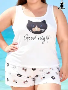 Spring Summer Plus Size Casual Women's Homeewear, Cartoon Cat Print Sleeveless Vest + Shorts Pajama Set, Comfortable Daily Wear Loungewear Nightwear Pyjamas