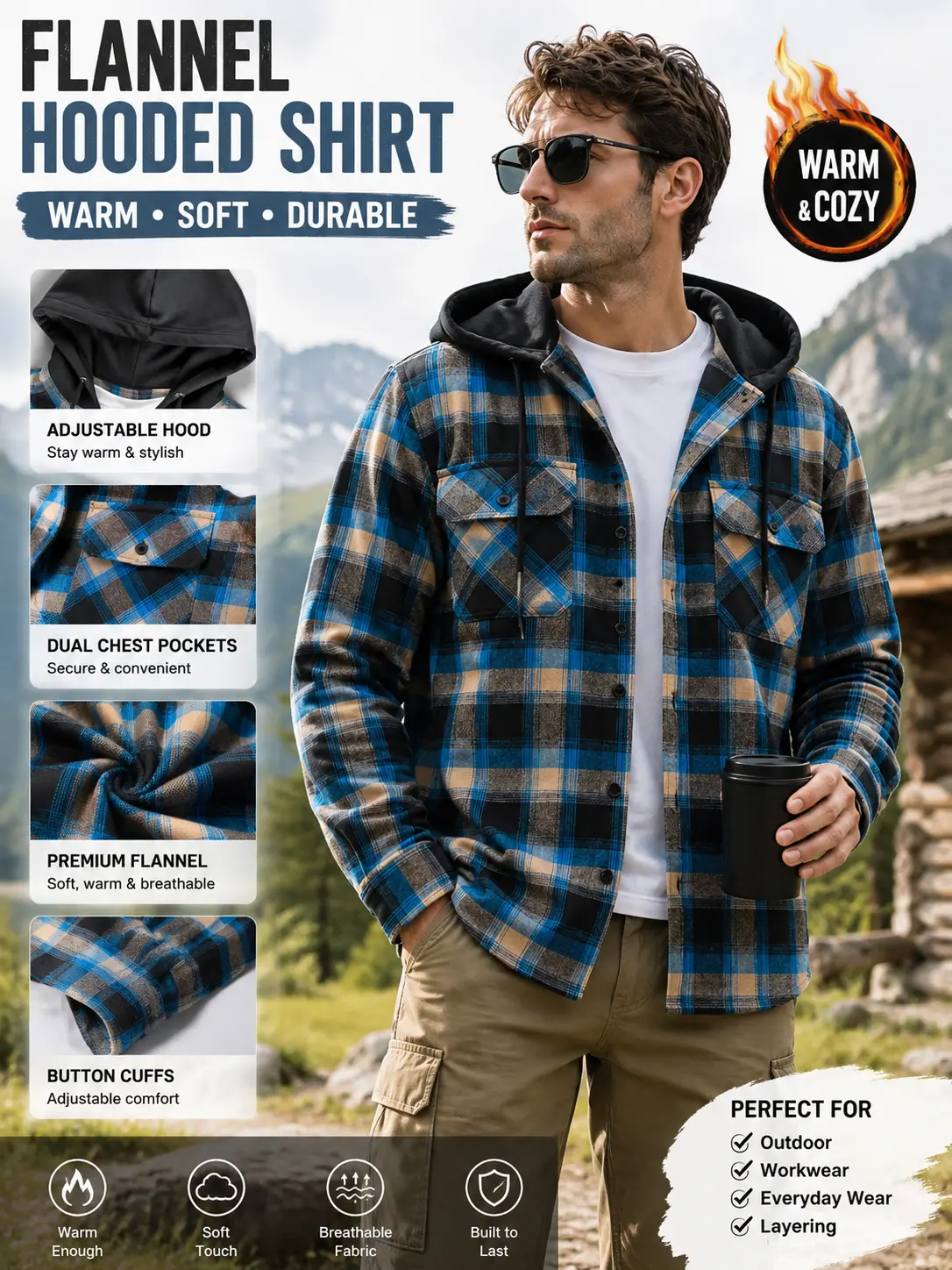 ZITY Men's Classic Checked Plaid Flannel Hooded Shirt - Lightweight Long Sleeve, Casual Loose Fit Button Down, Spring Polyester Blend, Casual Ootd Layering Top with Pocket, Menswear Streetwear Aesthetic, Outfit Inspiration