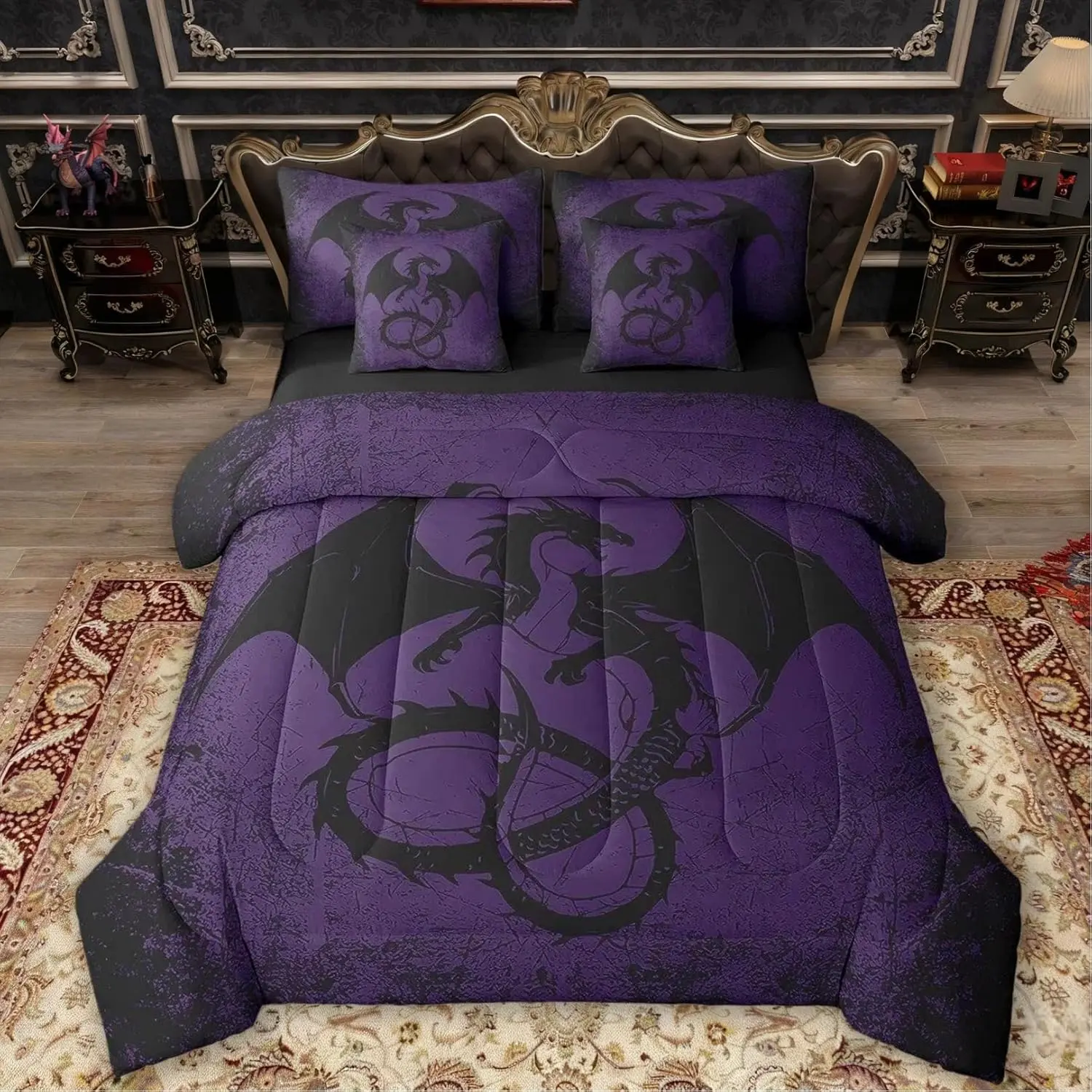 Kids Dragon Bed in a Bag 7 Pieces Purple Black Dragon Comforter Set with Sheets Chinese Style Bedding Sets with Comforter,Pillowcases,Flat Sheet,Fitted Sheet & Cushion Cover