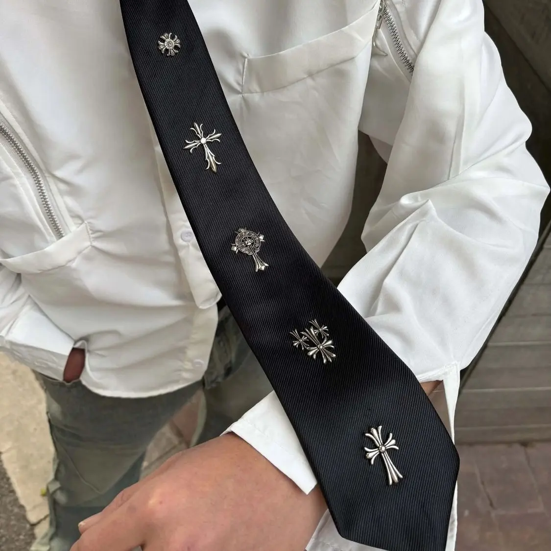 Retro Punk Decorative Necktie Silver Cross Ornament Black Woven Formal‑Casual Statement Tie