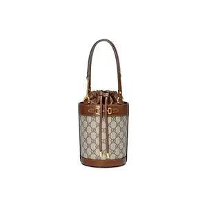 Gucci Horsebit 1955 Retro Gold Buckle Monogram Logo Chain Drawstring Bucket Shoulder Bag in Small Size for Women with Ebony and Brown Canvas Leather Combination