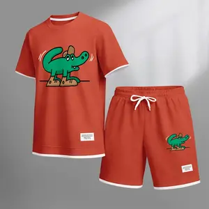 Men's Cartoon Crocodile Print Waffle Fabric Short-Sleeved Shirt And Shorts Set
