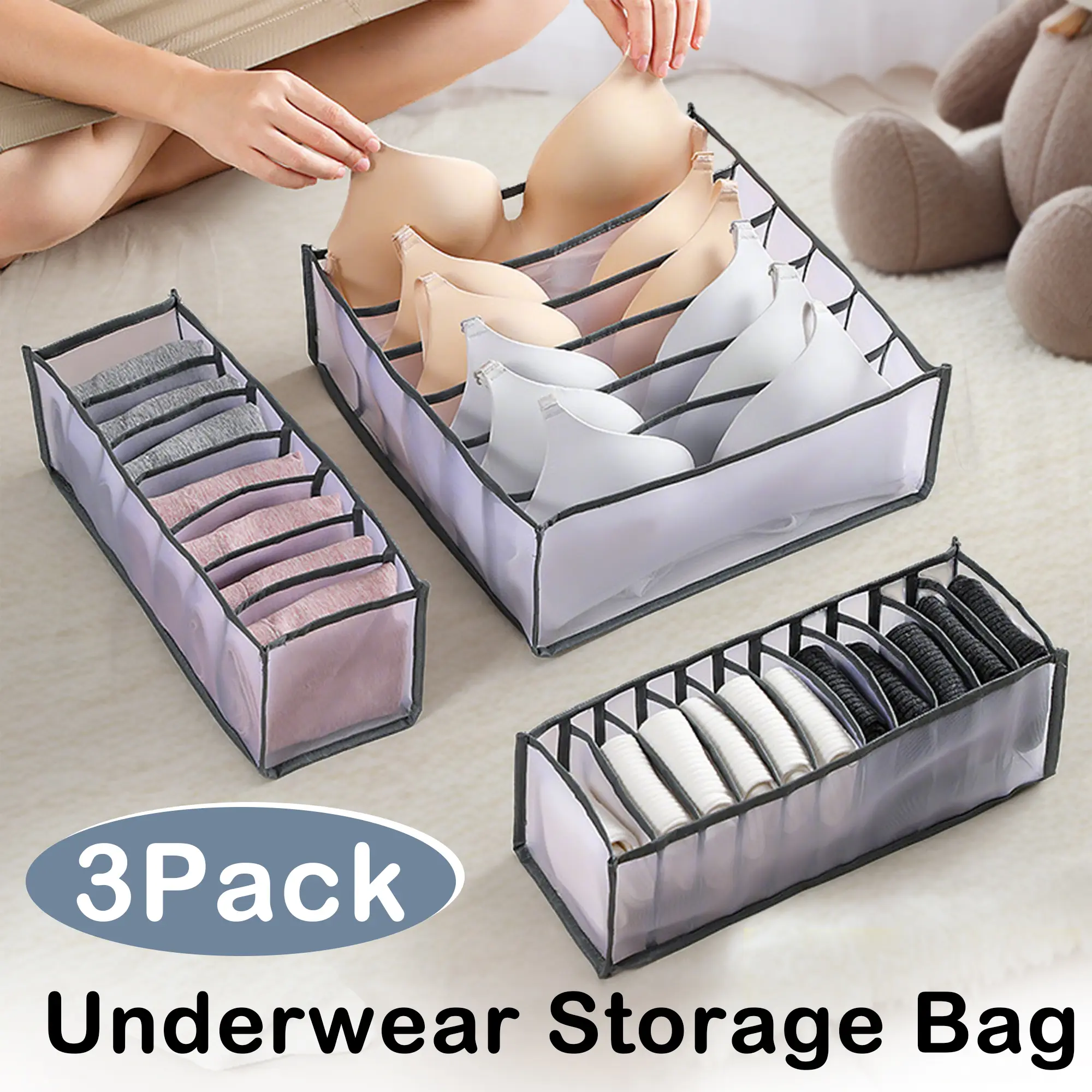 3 Counts Foldable Underwear Organizer, Drawer Organizer Divider Bins for Bras, Socks, Ties, Underwear Storage Box, Washable for Easy Maintenance