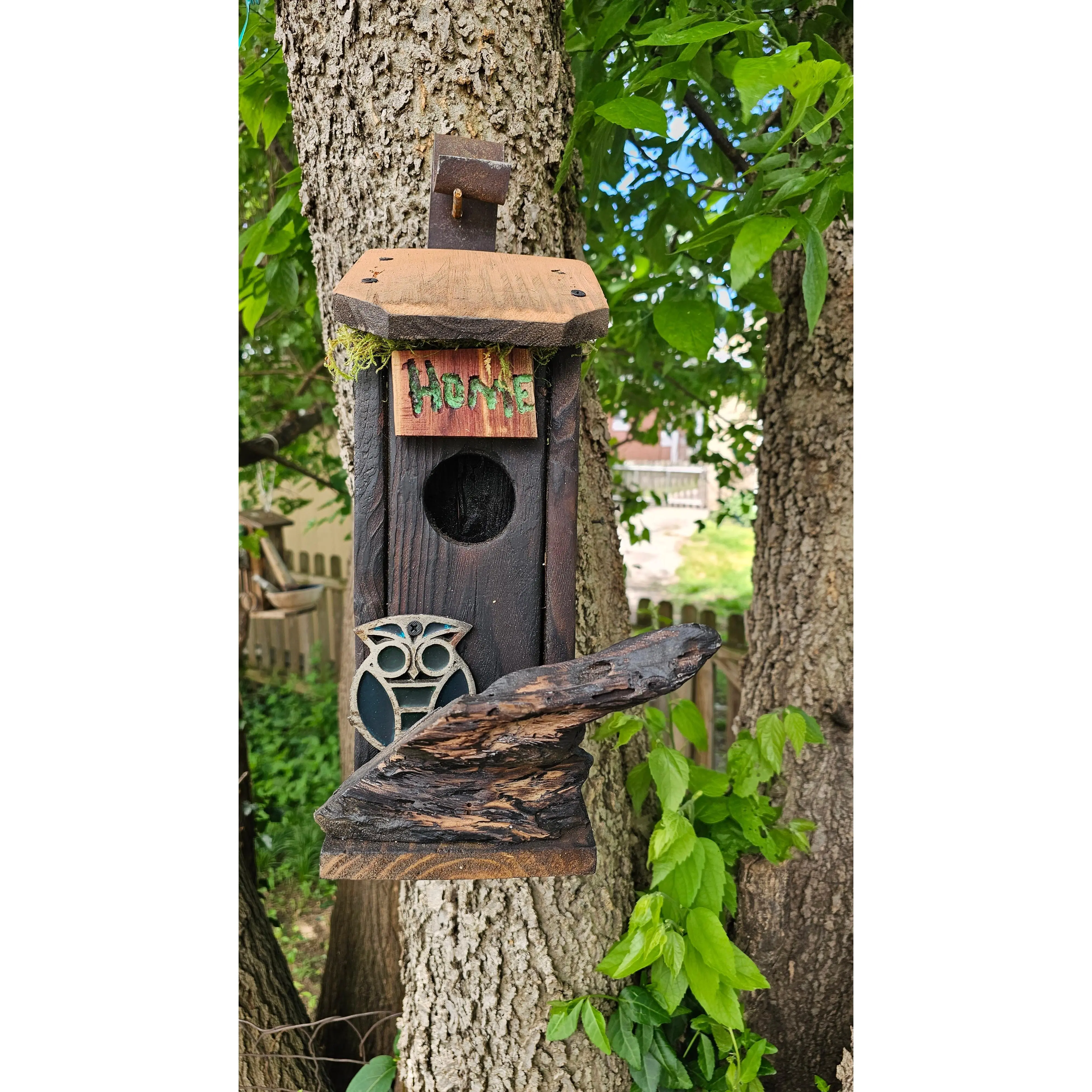 Rustic Handmade Birdhouse Stained Glass Owl