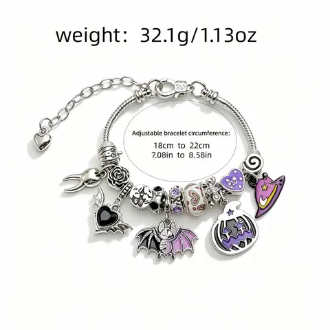 Unisex Silver-Tone Alloy Metal Bat Charm Bracelet - Adjustable Size, Spooky Festive Pumpkin Theme, Halloween Party Accessory, Casual Costume Jewelry