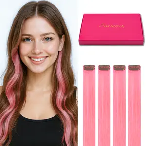 SWANNA Colorful Clip in Hair Streaks 100% Human Hair Extensions for Highlights & Earloop Dye Look 4PCS 20 Inch Vibrant Bold Extensions