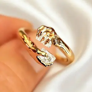 Avant-Garde Sculpted Hands Wrap Ring - Adjustable Chunky Gold Statement Band, Hand Size Rings, Surreal Art Costume Jewelry