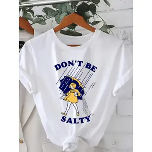 Women's Plus Size "Don't Be Salty" Graphic T-Shirt - Casual Short Sleeve Round Neck Top with Playful Raindrop & Umbrella Design, Breathable Mid-Stretch Fabric, Machine Washable for Spring Summer Fall, Seasonal Fashion, Bold Letter