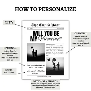 Personalised Valentine’s Cupid Newspaper Poster, Will You Be My Valentine Wall Art Decor Gift