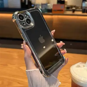 Anti-Drop Four-Corner Airbag Thickened Silicone Case for iPhone 17/16 Pro Max/15 Pro/14 Pro/13/12/11, Silver Color Electroplated Soft Shell