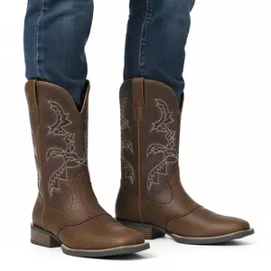 VIMISAOI Cowboy Boots for Men Square Toe Western Boots Embroidered Pull On Slip Resistant Work Boots For Men Country Traditional Summer Boots