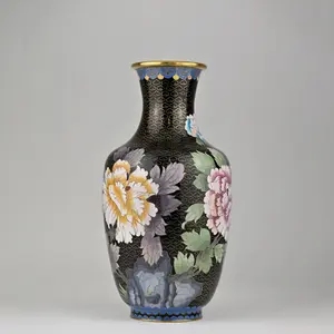 Handmade Chinese Cloisonné Black Enamel Floral Vase | Vintage Asian Decor | 6x6x12