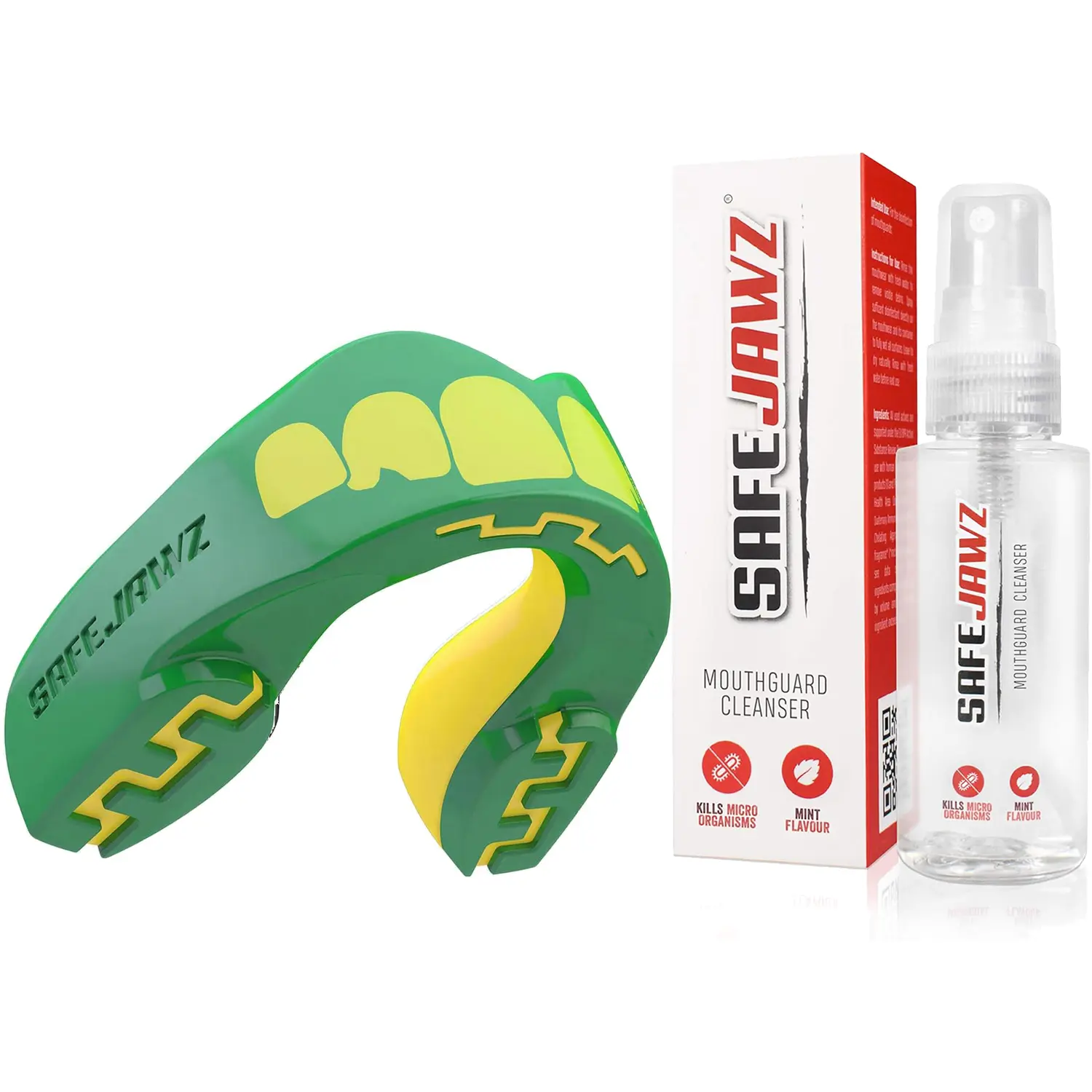 SafeJawz EXTRO Dual Layer Sports Mouth Guard with Case and Disinfectant Spray Bundle for Basketball, Football, MMA, Hockey, Wrestling - Adult - Ogre