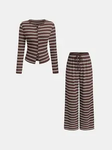 Women's 2-Piece Wide Leg Pants and Long Sleeve Striped Set, Matching Clothing Set, Casual Spring & Fall Fitted Knit Cardigan, Perfect for Comfort and Fashion