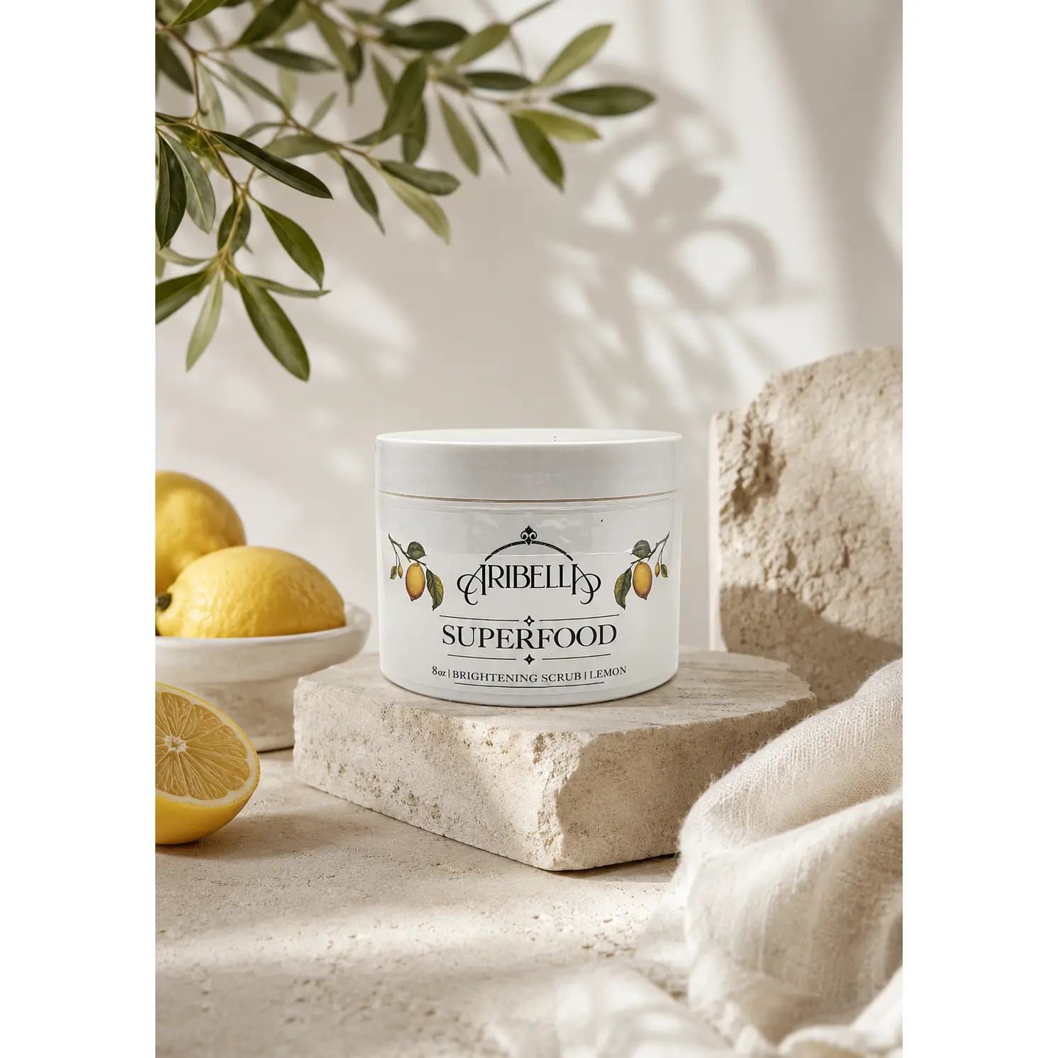 Lemon Superfood Brightening Face & Body Scrub Cleanser - 8oz Cosmetic Jar, Smooth Cleansing, Exfoliating, Vitamin C, Vegan, Dairy Free, Skin Repair for Family All Skin Types