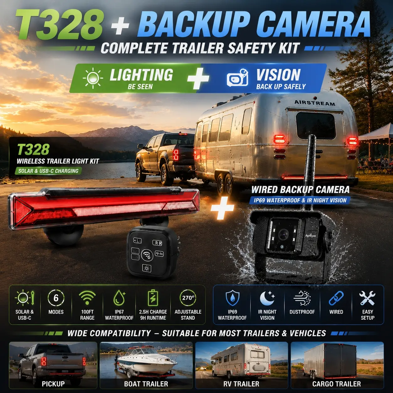 AgriEyes Wireless Trailer Light + Wired Backup Camera Bundle | T328 Magnetic LED Warning Light & HD Reverse Camera for Truck, RV & Trailer backtoschool