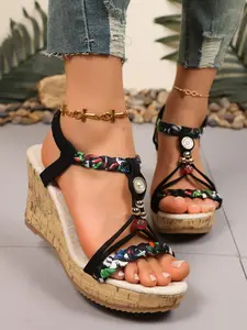 Women's Bohemian Style Summer Wedge Sandals, Casual Espadrille Sandals, Thick Sole Comfortable Casual Footwear for Daily Wear, Durable Versatile Holiday Shoes