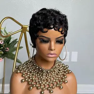 ZIHAN Pixie Cut Wigs for Black Women 12 Inch Brazilian Curly Synthetic Hair Glueless Short Layered Wigs with Bangs Natural Black Color for Daily Use loose wave style