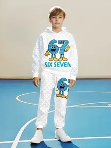 Boys' Spring & Fall Hooded Sweatshirt Set, Children, Hoodies, Sweatpants, Cute Number Design, Blue Geometric Pattern, Casual Fitted Style, Regular Length