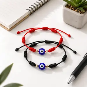 Evil Eye String Bracelet Set Adjustable 7 Knot Red Black Braided Cord With Blue Nazar Bead For Friendship Gift And Everyday Style