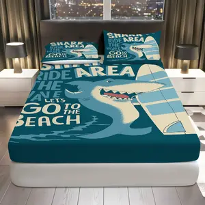3Pcs Shark Surf Beach Fitted Sheet Three Piece Set (1*Fitted Sheet+2*Pillowcases, Coreless), Summer theme, Nautical Bedding Set, Mattress protector Soft, Breathable