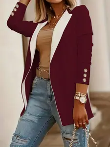 Women's Spring Autumn Long Sleeve Blazer Jacket Button, Loose-Fitting Colorblock Design, Stylish Medium-Length Outerwear for Casual Wear
