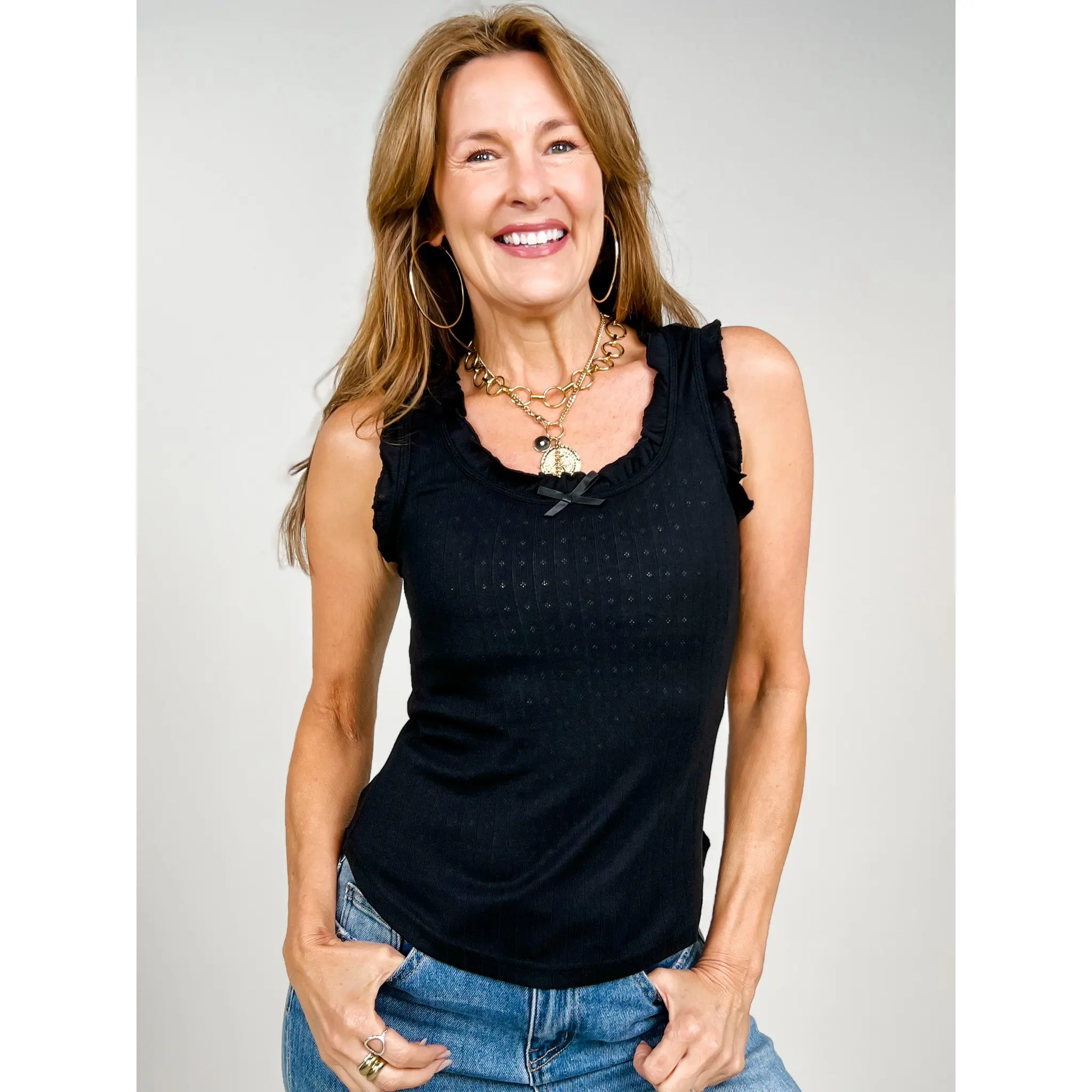 Bow Trim Ruffled Knit Tank Top in Black