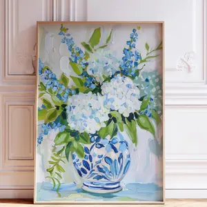 Elegant Chinoiserie Vase with Blue Hydrangea Wall Art Print Coastal Home Decor G