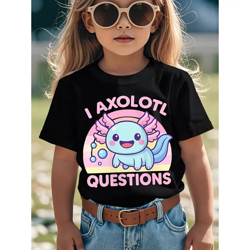 Sohochic Kids Clothing Girls' Basic Soft Cotton Casual Crew Neck Graphic Everyday Tee - Funny "I Axolotl Questions" Axolotl Print, Short Sleeves, Medium Cut, Machine Washable for Summer Playdates