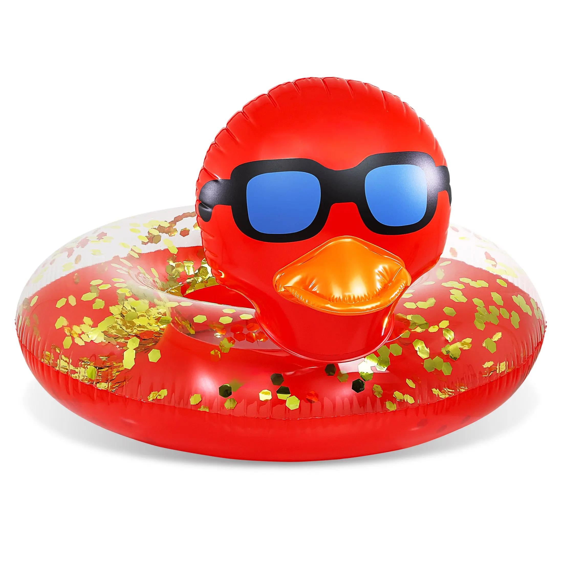 Red & Gold Confetti Duck Pool Float, 36 inches PVC Swim Ring for Kids & Adults, Inflatable Lounger for Floating and Party Decoration, Unisex, Birthdays, Pool Parties, Animal Theme, Ages 6+, Family Gatherings, Inflatables, Includes Repair Patch, Kids And A