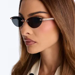 Rimless Cat-Eye Sunglasses for Women - Trendy Pyramid Studded Temple Arms, Minimalist Narrow Frame Design, UV400 Protection Shades Perfect for Y2K Street Style and Party Looks