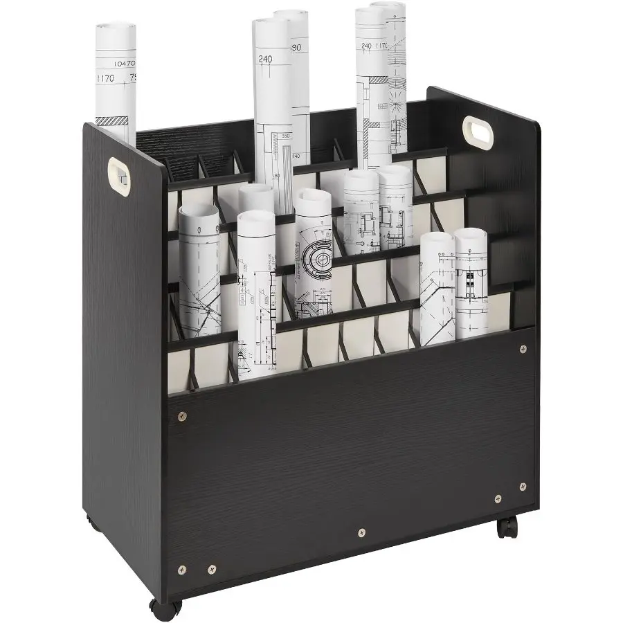 VEVOR Blueprint Storage Rack, 50 Slots Mobile Blueprint Storage Cabinet, Wooden Roll File Organizer Cart for Construction Plan Map Poster Architectural, Blueprint File Holder for Home, Office, School