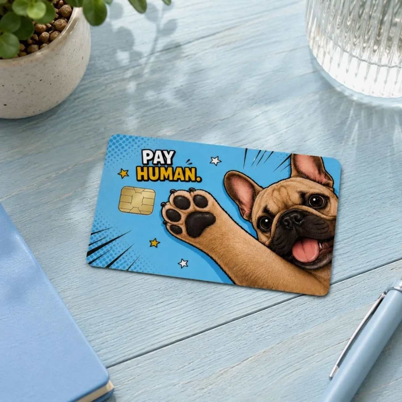 French Bulldog Credit Card Skin, Funny Dog Paw Card Sticker, Comic Style Card Cover, Dog Lover Wallet Card Decal