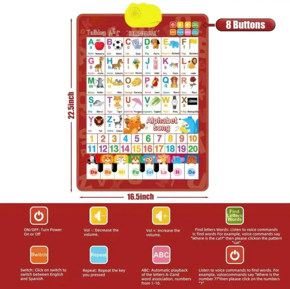 leleyu】Bilingual Talking Wall Chart forKids-English & Spanish