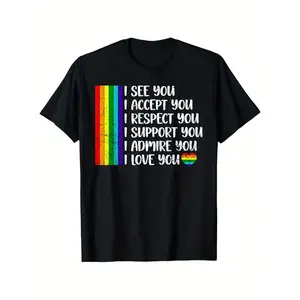 LGBTQ Pride Rainbow T-Shirt for Men & Women, Cotton Round Neck Short Sleeve with "I See You" Graphic & Rainbow Stripes, Breathable Elastic Cotton, Regular Fit, Machine Washable, Perfect Gift for Valentine's Day, Christmas, Thanksgiving